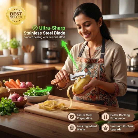 Arkis™ SmartPeel Pro | 2-in-1 Vegetable Peeler with Wooden Handle